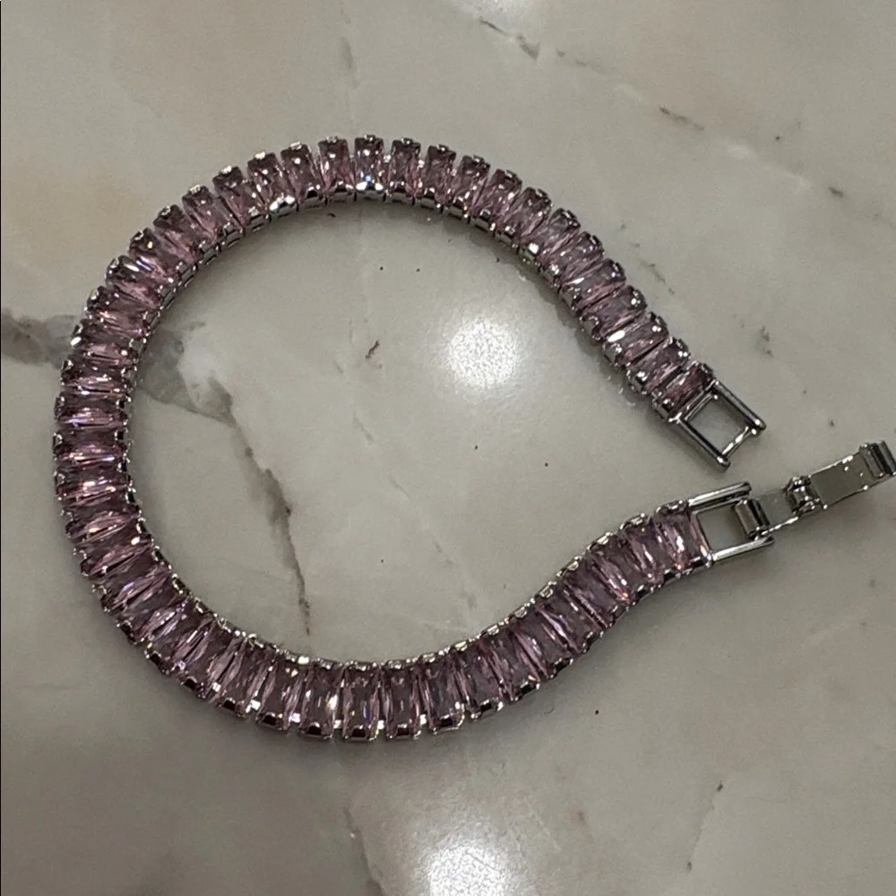 Tennis Bracelet White Gold Plated Faux Pink CZ Diamonds 7” #59A